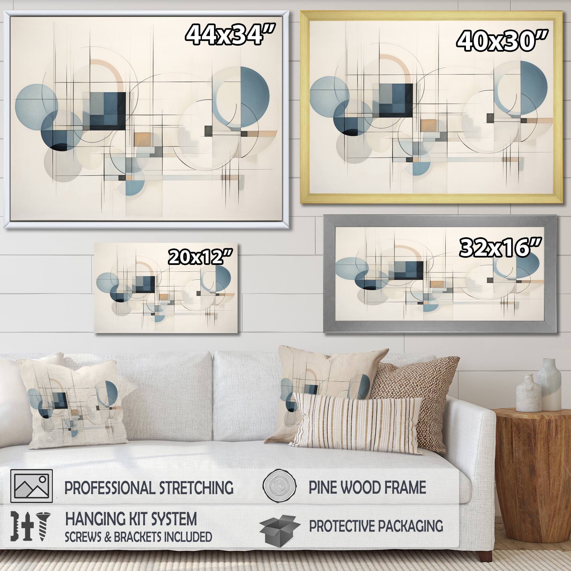 Designart "Blue Grey Line Art Abstract Geometrics IV" Modern Framed